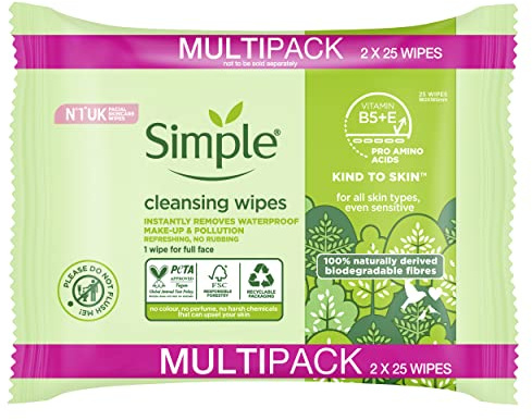 Simple Kind to Skin Biodegradable UK's No. 1 facial skin care brand* Cleansing Wipes for sensitive skin 2x25 PC
