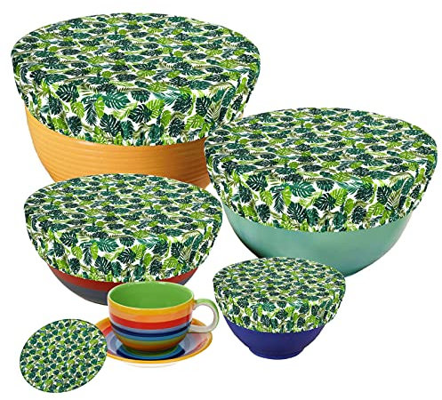 PHOGARY Set of 5 Reusable Food Cover, Elastic Fabric Covers Multi Purpose Food Storage Dish Covers Can Lids, Fruit Vegetable Meat Preservation Fresh Keeping Cover Elasticated, Palm Leaves