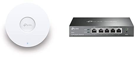TP-Link EAP653 AX3000 Gigabit Dualband WiFi 6 WLAN Access Point weiß & ER605 5 Port Dual/Multiple WAN VPN Router(bis zu 4 Gigabit WAN Ports, hochsicheres VPN) schwarz, ideal für Büronetzwerk