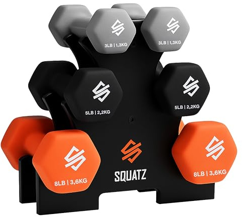 Squatz neoprenhantelset med ställ, par med 3 lb, 5 lb och 8 lb hantlar – halkfri hexdesign, slitstark gjutjärnskärna, kompakt förvaringsställ, idealisk för styrke- och motståndsträning