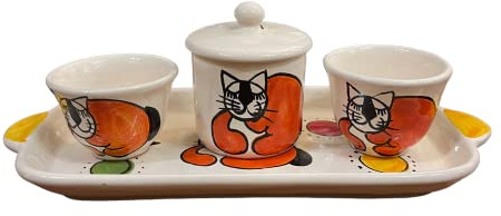 Amarcord Set café 2 tasses avec sucrier en céramique fait et peint à la main avec des dessins de chat rouge
