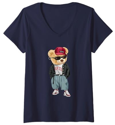 Femme Rappeur punk rockeur Popster Punker Ours en peluche Rap Hip Hop T-Shirt avec Col en V