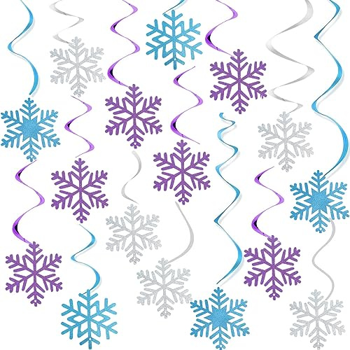 30 Stück Frozen Snowflake Hanging Swirl Dekorationen, Winter Schneeflocken Decke Luftschlangen Sparkly Snow Decor für Geburtstag Party Weihnachten Winter Wonderland Glitter Lila Blau Silber