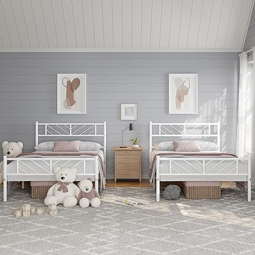Yaheetech 2er Set 90 x 190 cm Metallbett Minimalistischer Bettrahmen mit Kopfteil Gästebett mit Lattenrost für Schlafzimmer Weiß