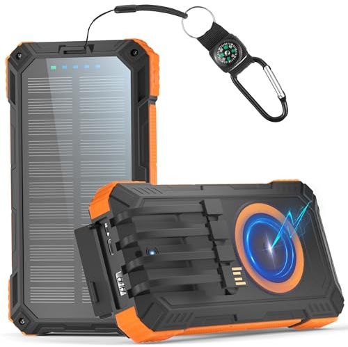 56800mAh Solar Powerbank, Wireless Power Bank groß mit 4 Kabeln, 30W PD Schnellladefunktion, 6 Ausgänge, Taschenlampen, Power Bank große Kapazität für Camping, Outdoor, Phone, Tablets (Orange)