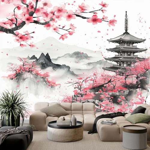 Papier Peint Panoramique Intissé 200x140 cm - Paysage Japonais Sakura et Pagode - Poster Mural Zen pour Tête de Lit, Salon, Chambre - Fresque Murale 3D Décoration