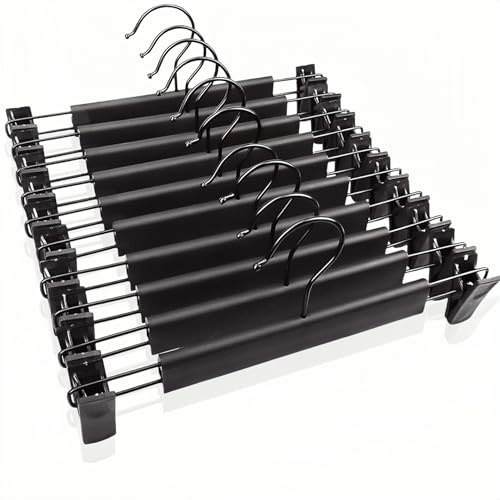 JUNEYE 10 Pack Clothes Pants Hangers, Space-Saving Skirt Holders with 360 ° Swivel Hooks, Adjustable Clips, Trouser Hangers, Coat Garment Jeans Hangers (Black)
