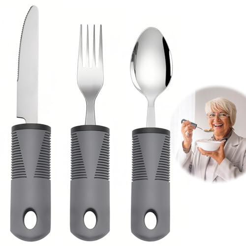 Easy Grip Cutlery Set of 3 Extra Wide Chunky Handles Disability Aids for Disabled Hands with Knife Fork Spoon Ideal Dining aid for Elderly Arthritis Parkinson'Disease Tremors Sufferers