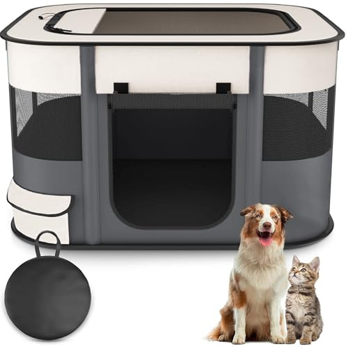 Floving Portable Doghouse Pet fence 70x55x45cm Foldable Pet playpen Rectangle Delivery Room Cat Nest Cat den Puppy house Kennel Closed Pets Tent with carry bag (Gray&white)