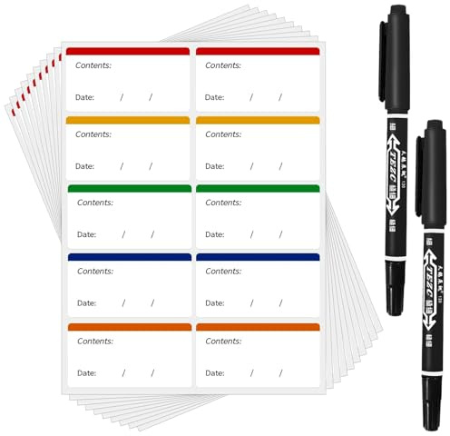 150 Unidades Etiquetas Adhesivas Colorido Etiquetas para Bolsas De Alimentos Congelados FáCil De Quitar Sin Residuos Pegatinas Personalizadas con 2 Rotuladores Negros (60x30 mm)