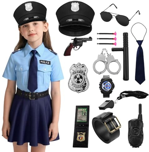Marypaty Disfraces de Policias para Niños Disfraz de Policias de Lujo Disfraces de Halloween Niño Niña Uniforme de Policia Accesorios (Niña, Medium)