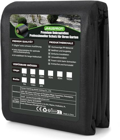 HAUSPROFI Premium Unkrautvlies 100g/m² - Hochdichte Unkrautfolie Wasserdurchlässig & Reißfest - UV-Stabil Gartenvlies aus Recycelbar PP - Umweltfreundlich & Knitterfrei, 10m x 2m