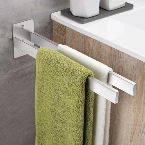 Toallero sin taladrar para baño, montado en la Pared, 2 en 1, toallero de Dos Brazos, Acero Inoxidable, 40 cm, para Pegar/taladrar, Barra de Toalla Doble para baño, Dormitorio, Cocina (Plata)