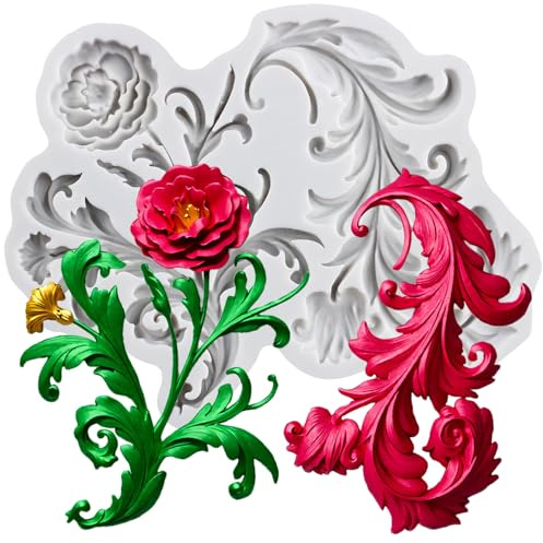 MINFEIDMS Moule à fondant baroque en forme de feuille de vigne en relief pour décoration de gâteau, chocolat, bonbons, sucre, pâte à sucre, pâte polymère