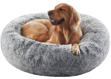 BedStill 36 inches Donut Dog Bed for Large Dogs - Calming Fluffy Round Pet Bed with Removable & Washable Cover,Fits up to 80 lbs Pets (Dark Grey,Large)