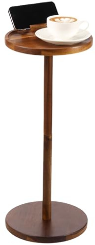 Petite table d'appoint ronde en bois avec support de téléphone et base lestée, table d'appoint pour martini et cocktail, pour salon, camping-car, bureau à domicile, 56 x 24 cm (H x l) (marron)