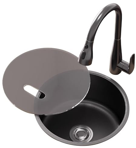 HanDpi Rundes kleines Spülbecken aus Edelstahl mit Wasserhahn, Spülbecken für das Home Office mit Abdeckleiste, Küchenwaschbecken, auf der Arbeitsplatte eingebettetes Einzelbecken (40 x 40 x 19,5 c