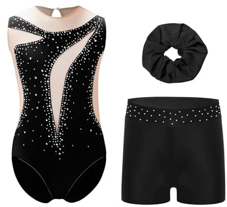 Yruioon Kinder Mädchen Gymnastikanzug Glitzer Turnanzug mit Kurze Hose Haarband Ärmellos Ballettanzug Ballett Trikotanzug Wettbewerb Tanzkostüm E Schwarz 170-176