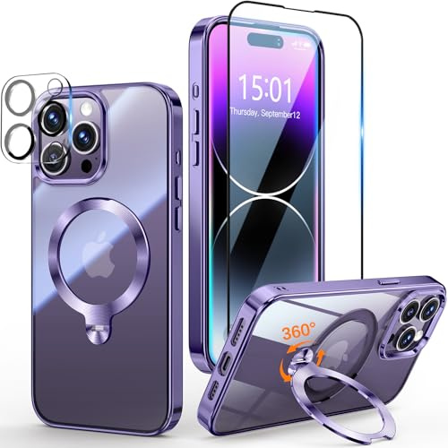 Yoouther 3 in 1 Cover Magnetica per iPhone 14 Pro Max 6.7 [360° CD Supporto Girevole per MagSafe] [Con Pellicola Vetro Temperato & Vetro Fotocamera] [Non Ingiallisce Mai] Protezione Antiurto, Viola