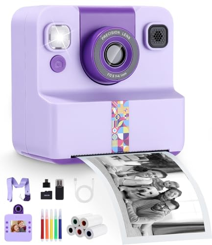 Sofortbildkamera Kinder, 1080P HD Kinderkamera Sofortbildkamera mit Druck | Kinderkamera 32G SD-Karte, 5 Rollen Fotopapier, Geschenk für Mädchen und Jungen ab 3-12 Jahren, Geburtstag, Weihnachten, Lila