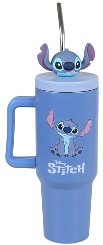 DISNEY Stitch Tasse THERMIQUE avec paille métallique, acier inoxydable, tasse pour voiture, voyage GRANDE 1,2 l (D)