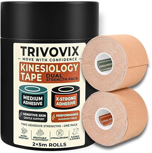 TRIVOVIX (EXTRA Strong + MEDIUM) Kinesiology Tape–Sweat & Waterproof, Hypoallergenic Kinetic Tape for Knee, Ankle, Elbow-Support Strapping, Muscle & Joint K tape Support, Body Tape 2x 5m Rolls (Beige)