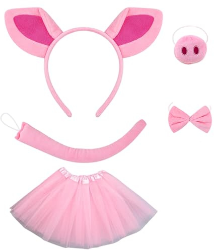 5-teiliges Schweinekostüm-Set, ausgefallenes Schweineohren-Stirnband mit Nase, Schwanz, Fliege und Rock, Ferkelkostüm-Zubehör für Weihnachtsfeier, Karneval, Karneval, Schweinekostüm, Schweineohre