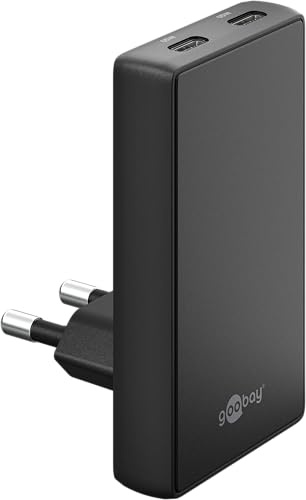 goobay 65W Flaches GaN USB C Ladegerät, Dual-Port (2X USB-C) Schnellladegerät – 90° Flat Design, ultraflach & platzsparend, für Apple, Samsung, Huawei, sowie Tablets & etc., Schwarz – 75725