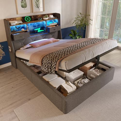 Oslghy Polsterbett Einzelbett 90x200, Stauraumbett mit LED Kopfteil und 4 Ladestation USB/Type-C, Moderne Bettgestell mit Hydraulisch Stauraum & 2 Schubladen & Lattenrost, Leinen, Grau, ohne Matratze