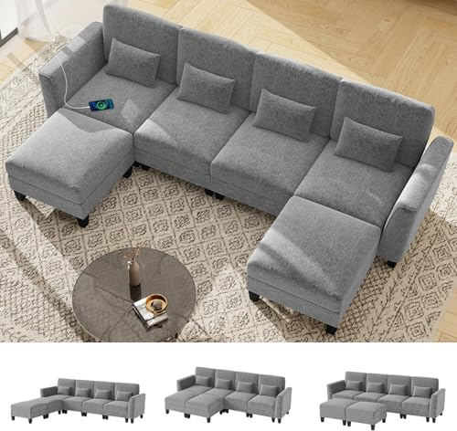 COSTWAY Sofá Modular en Forma de U de 280x144x84 cm, Sofa Chaise Longue con 2 Otomanas, Puertos de Carga USB y Tipo C, Almohadas, Sofá Cama Esquinero de 4 Plazas para Sala de Estar Dormitorio (Gris)