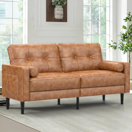 Aotumm Ciort 2 Seater Sofa, Thick Cushions, 2 Pillows & Pockets(PU-Brown) | Comfy PU Leather 2 Seater Sofa Couch, Ergonomic Design, 2 Pillows & Side Pockets Storage, Easy Assembly for Home, Office