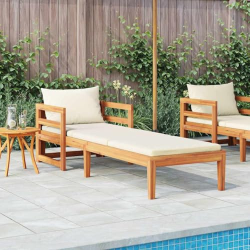 Mokuyary Lettino prendisole con cuscino bianco crema in legno massiccio di acacia, da spiaggia, da giardino, per giardino, balcone, terrazza, campeggio, spiaggia, piscina