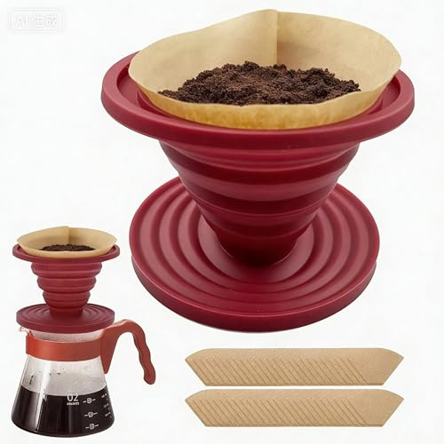 LAIYORA Collapsible Faltbarer Silikon Kaffee Tropfer mit 50 Papierfiltern Wiederverwendbarer Kaffeefilter für Zuhause Camping Reise Büro Groß Kegel V02 2-4 Tassen Rot