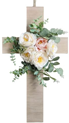 Wooden Easter Sign - 3d Floral Pendant Wreath | Cross Decor with Silk Flowers, Garden Ornament with Artificial Grass, Holiday Decoration with Housewarming Gift, Rustic Easter Wall Hanging