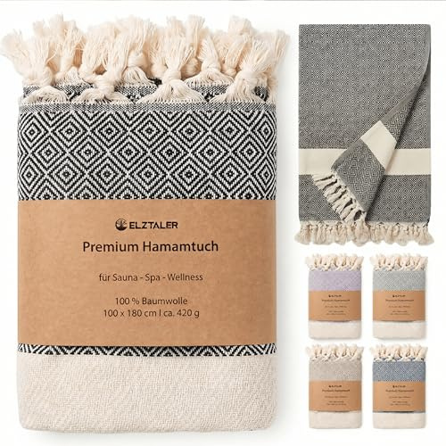 ELZTALER Hamamtuch 180x100 cm Saunahandtuch & Strandtuch – 100% Baumwolle | XXL Saunatuch · leicht, saugstark & schnelltrocknend · dünn & platzsparend · Reisehandtuch für Sauna, Strand und Urlaub
