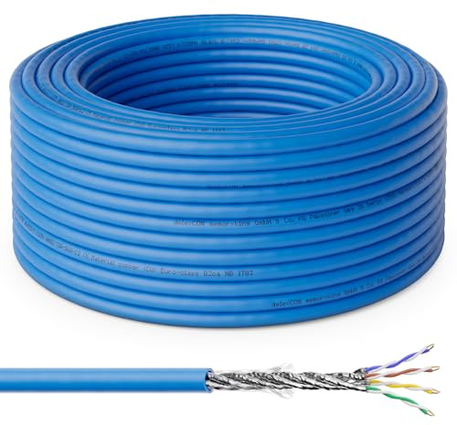 deleyCON 10m CAT 8 Cable Instalación Cobre (CU) Rígido S/FTP PIMF Blindaje 40Gbps 2000MHz AWG22 Cable Red LAN Ethernet Datos LSZH Libre Halógenos BauPVO B2ca - Azul