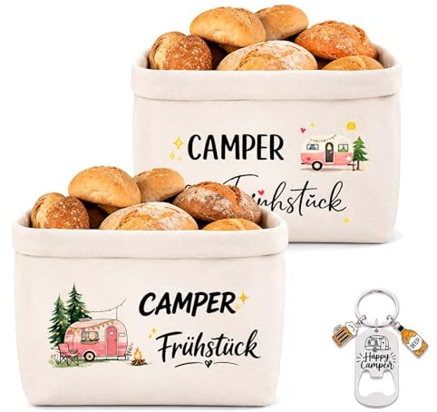 RgitFzi 2er Camping Brotkorb Set mit Schlüsselanhänger, Stoffkorb 38 x 22 cm, Camper Geschenk für Wohnmobil & Wohnwagen Fans, Brotkörbe für Küche, Picknick und Camping Zubehör