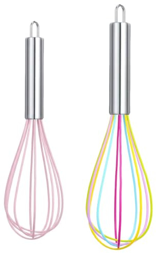 WUNZILO 2Pcs Batidores de Silicona, Varillas de Alambre con Mango de Acero Inoxidable y Recubrimiento Antiadherente, Batidor Manual para Cocinar, Batir Huevos y Mezclar Masa,10/8 Pulgadas