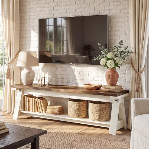 Tribesigns Mobile TV da 150 cm, stile rustico, console multimediale a 2 ripiani, per TV fino a 65 pollici, centro di intrattenimento aperto, soggiorno, camera da letto, bianco rustico e marrone