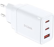 D-Link DCP-651 Cargador GAN 65W – Adaptador de Carga rápida 2 x USB-C y 1 x USB-A Compacto con enchufes Intercambiables (UK/EU/US/AU) – PD 3.0 y QC 4.0