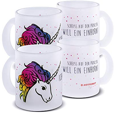 ROTPUNKT Unicorn frosted glass cup, hand wash recommended, 300 ml capacity, large handle (motif 4, frosted glass 2 cups).