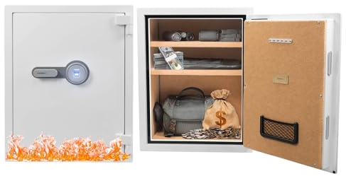 Barska 4.48 Cu. Ft. Biometric Fireproof Safe – White Fingerprint Security Safe 100-User Memory, Fire Rating 30 Min @ 1200°F, Steel Locking Bolts, Key Hooks & Carpeted Interior Fire Safe Jewelry