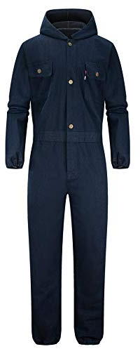 Yukirtiq Incappucciato Tuta da Meccanico Divisa Lavoro con Zip Intera Operai Cover Tuta Intera da Lavoro Blu Denim