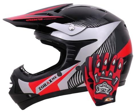 Zorax ZOR-X19 Youth Motocross Helmet & Gloves - Red S (49-50cm) | Gloves S(5cm) Children Dirt Bike Off Road Motorbike Helmet ECE 2206