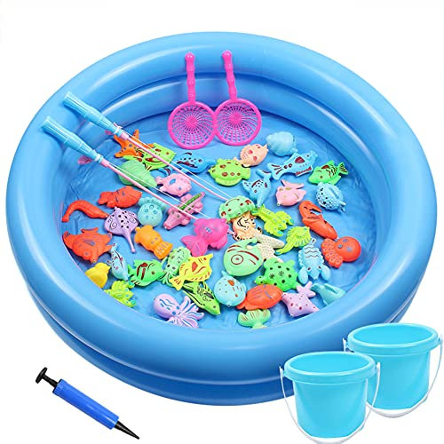 JAWSEU Angeln Spielzeug, 52 Stück Magnetisches Angeln Spielzeug, Kinder Badewannenspielzeug Baby Angelspiel Wasserspiel Badewanne Fisch Lernspiel