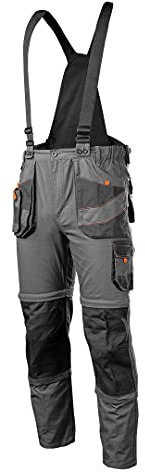 NEO TOOLS Peto de trabajo para hombre 6 en 1, 100% algodón, 260 g/m2, 2 perneras desmontables, tirantes abotonables, bolsillos multifunción, cintura elástica elástica, talla: XS, gris