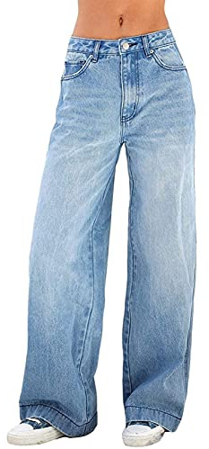 Baggy jeans för kvinnor Hip Hop långa jeans Y2K lösa raka jeans Jeans med hög midja Bootcut Jeans med vida ben Baggy Pojkvän Denim Streetwear Cargo Byxor (Color : Blue, Size : XXL)