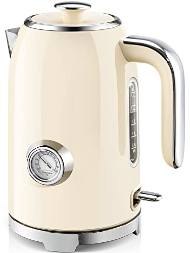 SUSTEAS Electric Kettle - 57oz Hot Tea Kettle Water Boiler with Thermometer, 1500W Fast Heating Stainless Steel Tea Pot, Cordless with LED Indicator, Auto Shut-Off & Boil Dry Protection, Beige