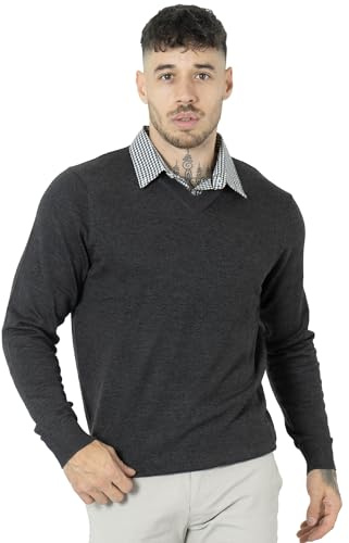 NOROZE Men's Jumper Mock Collar Knitted V-Neck Plain Classic Sweater Pullover Knitted Sweatshirt (4XL, Charcoal)