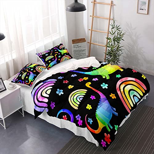 huitutu Buntes Dinosaurier-Bettwäsche-Set 135x200cm Bunte Florale kreisförmige Dinosaurier Muster Mikrofaser Bettbezug Jungen Mädchen Dinosaurier-Bettwäsche und 1 Kissenbezug 80x80cm